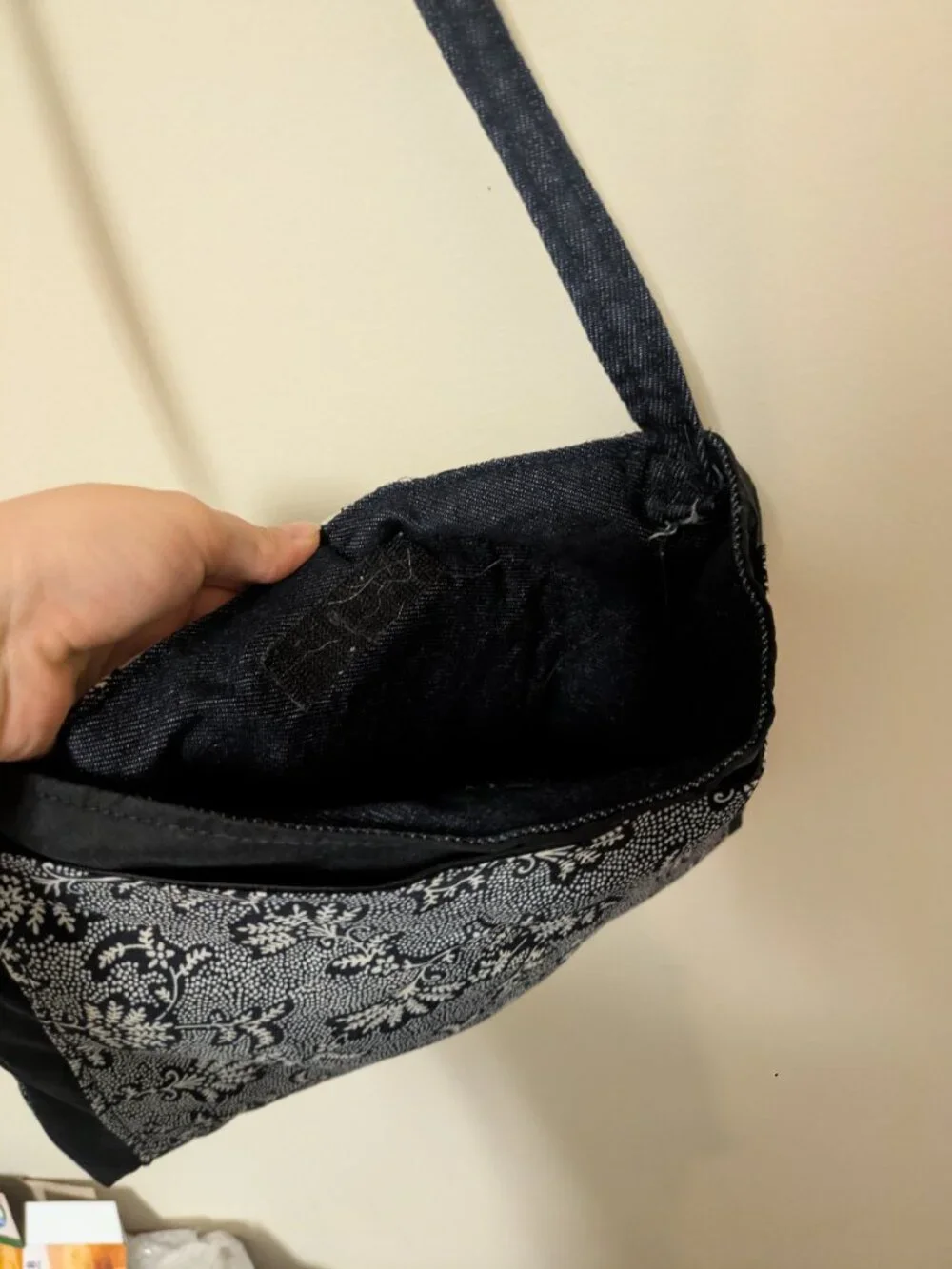 handmade crossbody fabric purse bag navy blue tan